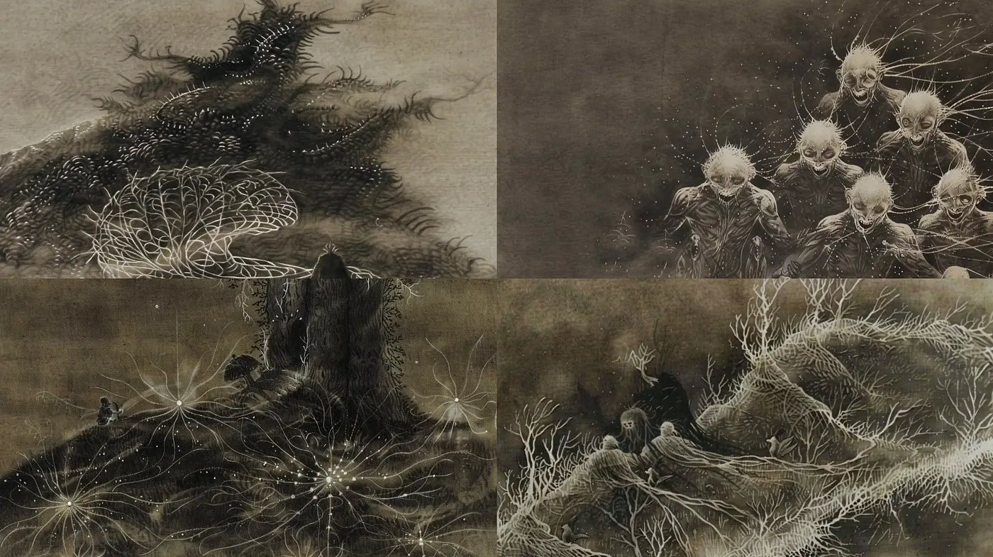 Gothic Ethereal Dreamscape with Monochrome Sepia Overtones - Midjourney sref style