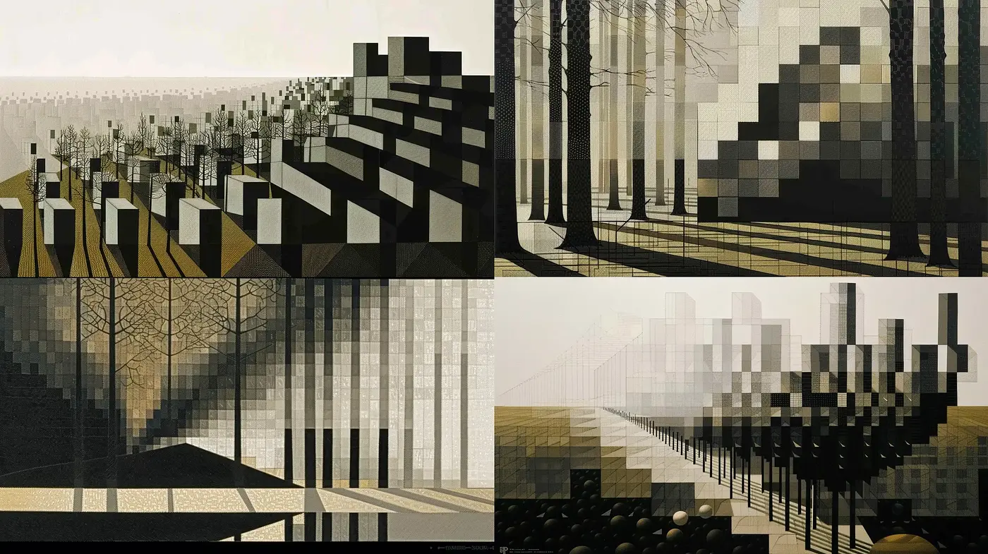 Monochromatic Cubist Echoes in Digital Landscapes - Midjourney sref style