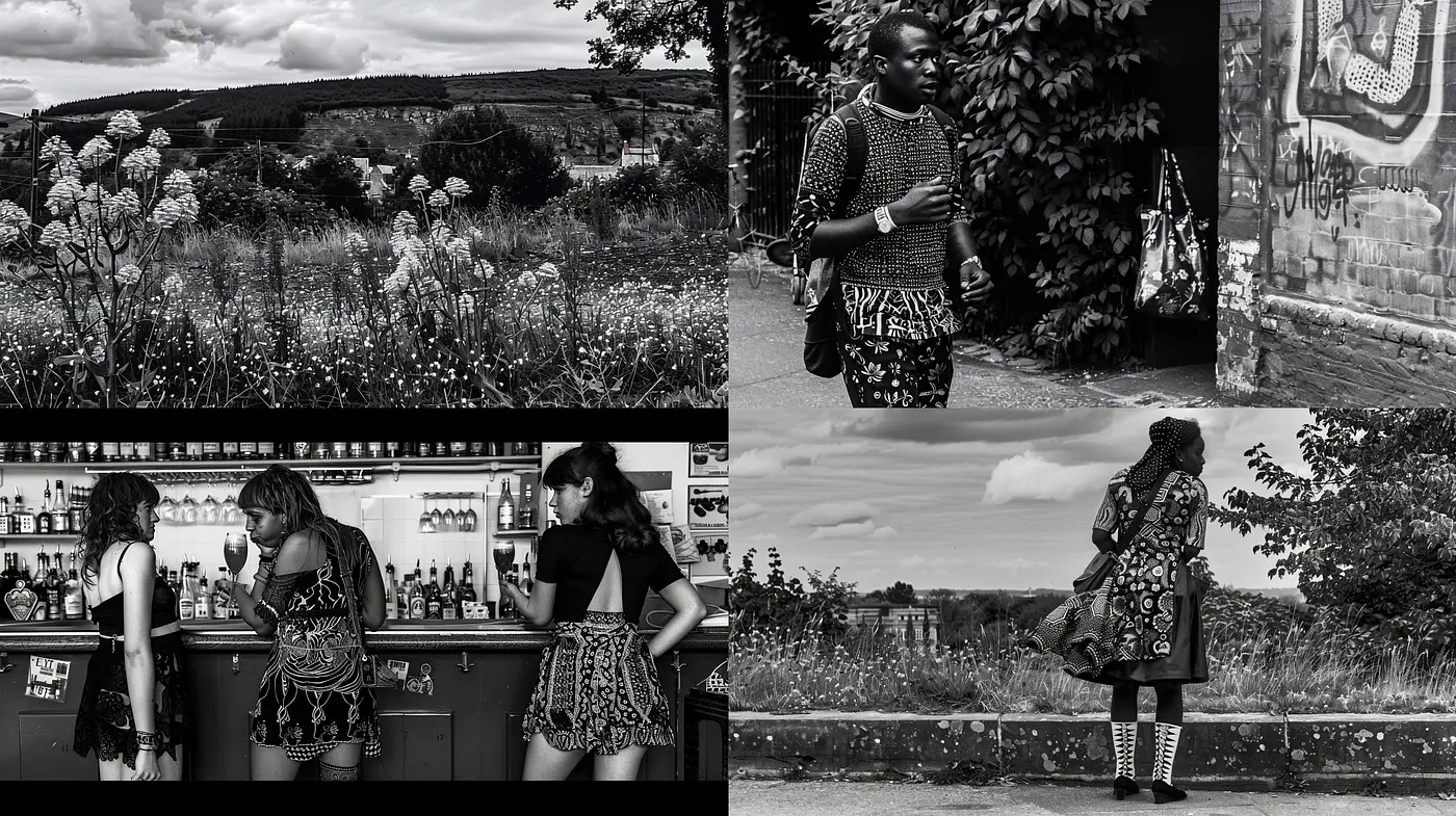Monochromatic Mosaic of Stylized Reality: A Study in Textured Black-and-White Photography - Midjourney sref style