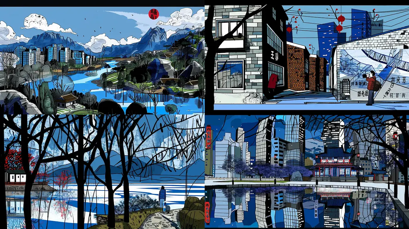 Dynamic Urban Landscapes with Nature Integration - Midjourney sref style