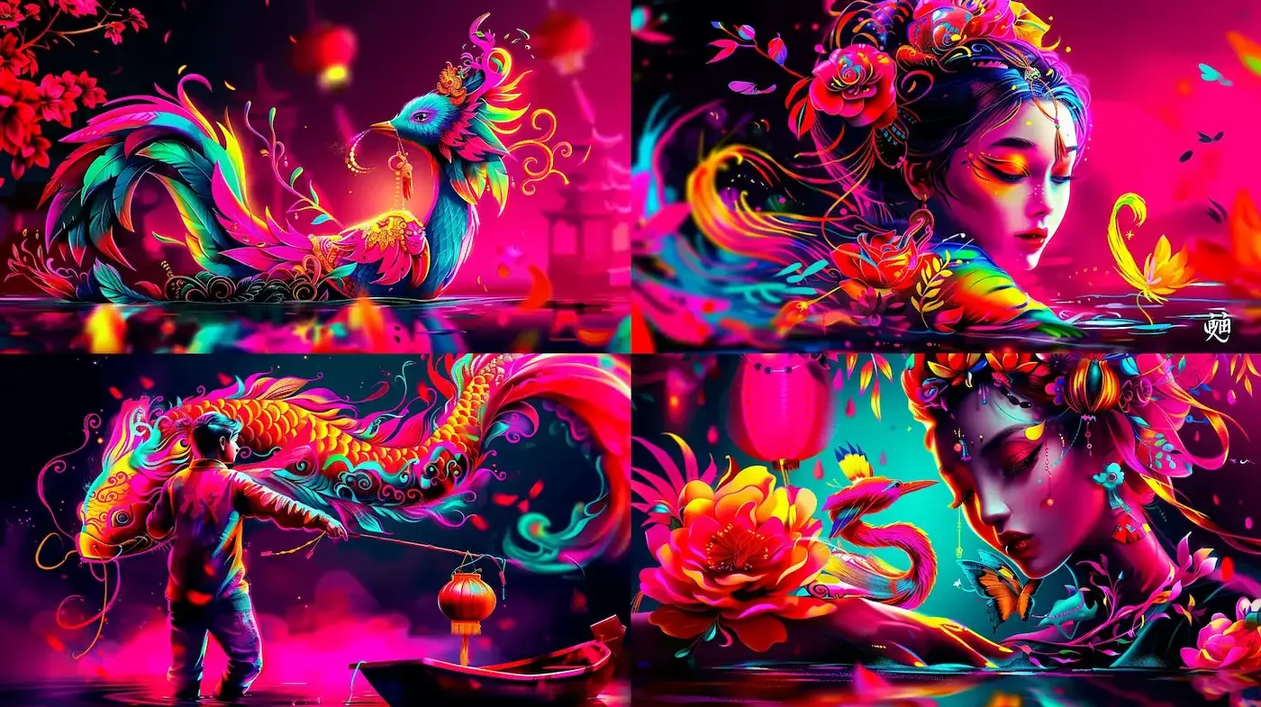 Neon Vibrance: A Fusion of Digital Art with Traditional Asian Aesthetics - Midjourney sref style