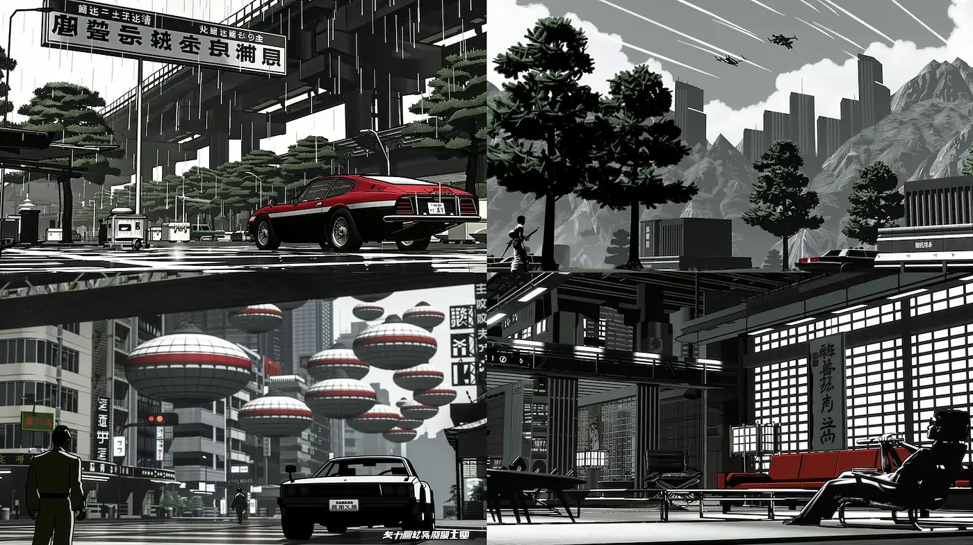 Futuristic Urban Landscapes with a Neo-Noir Aesthetic and Cinematic Influences - Midjourney sref style
