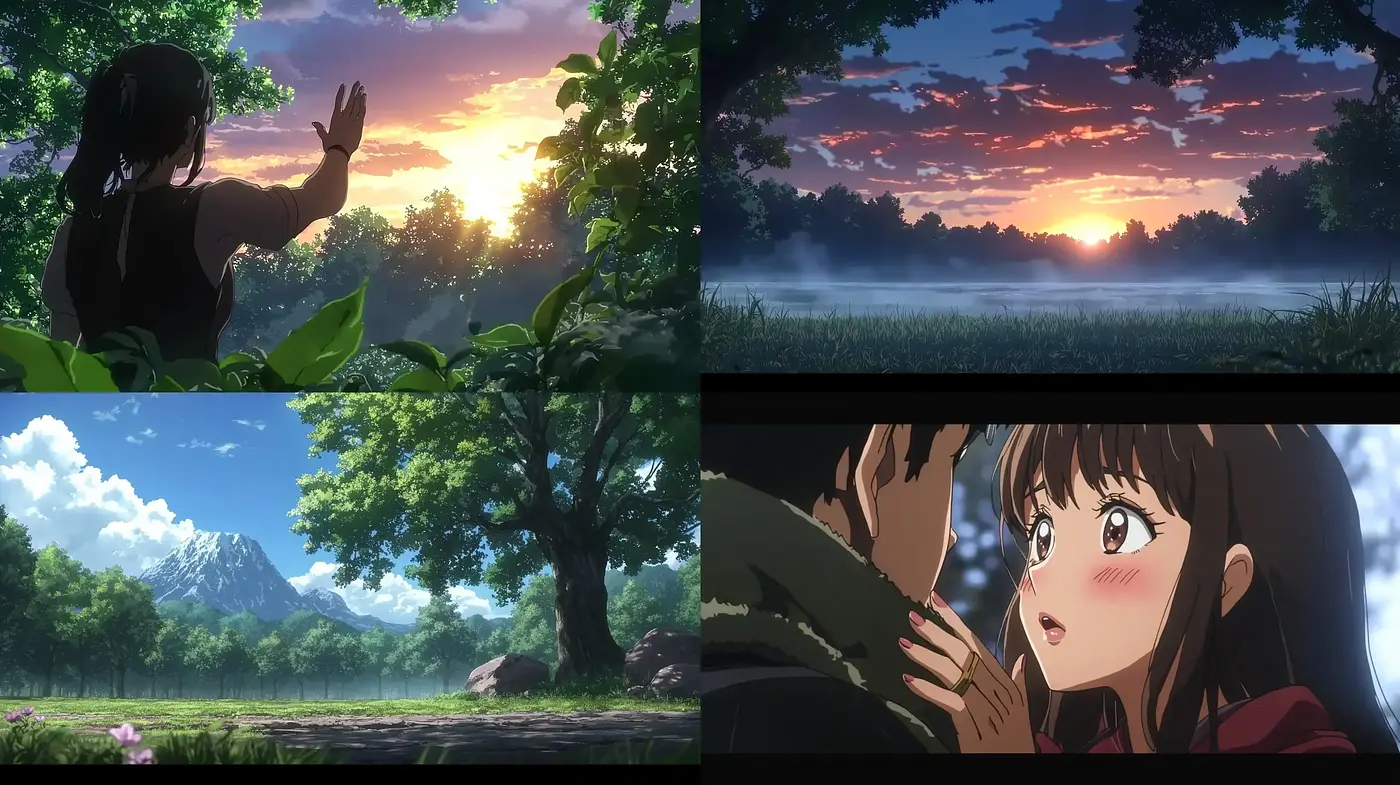 Harmonious Dusk: A Serene Anime-Inspired Panorama with Nature and Human Elements - Midjourney sref style