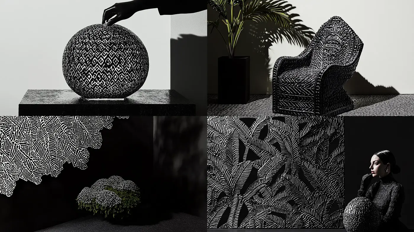 Monochromatic Textured Harmony with Intricate Patterns - Midjourney sref style