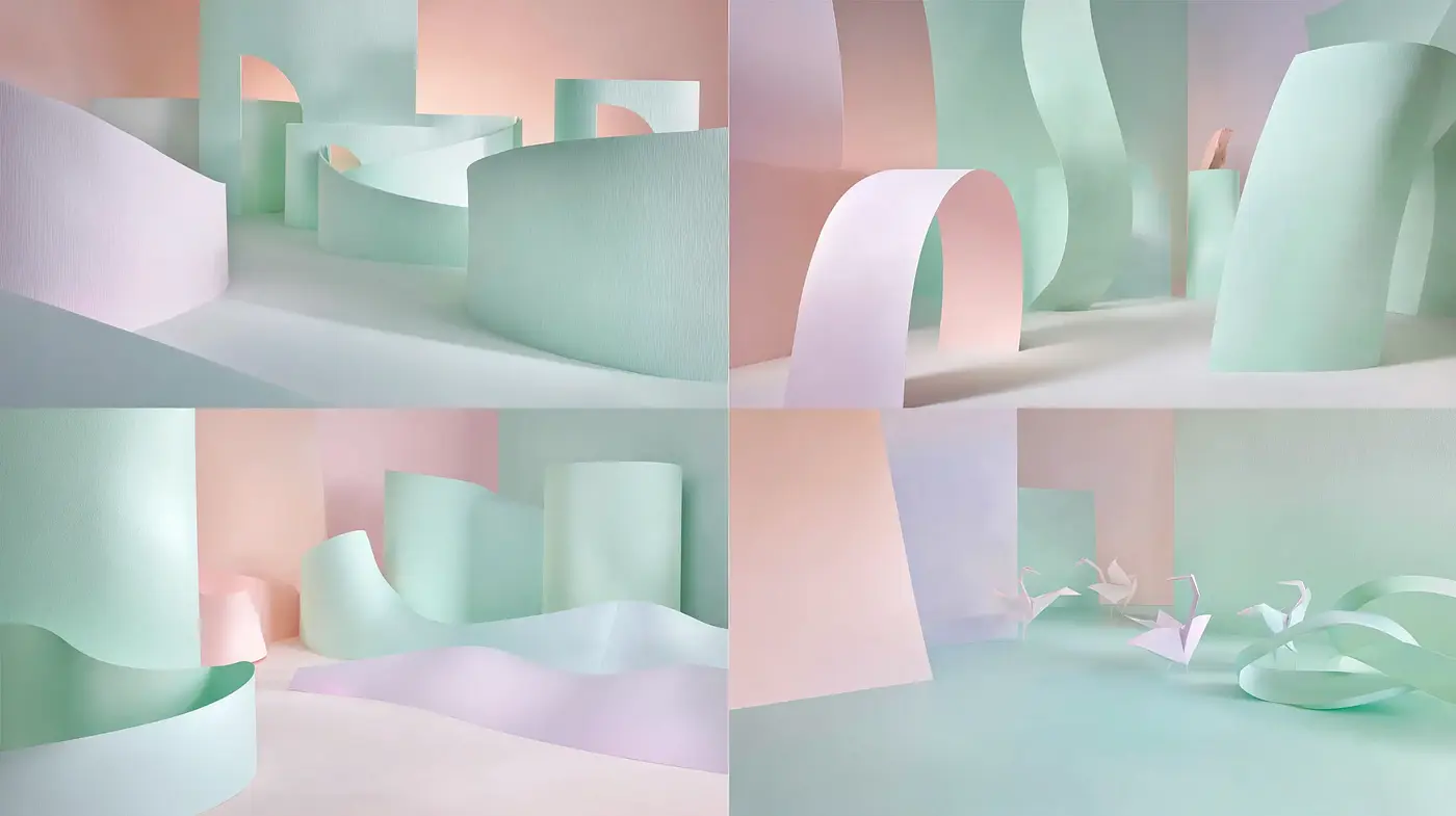 Abstract Minimalist Paper Structures with Soft Colors and Fluid Shapes - Midjourney sref style