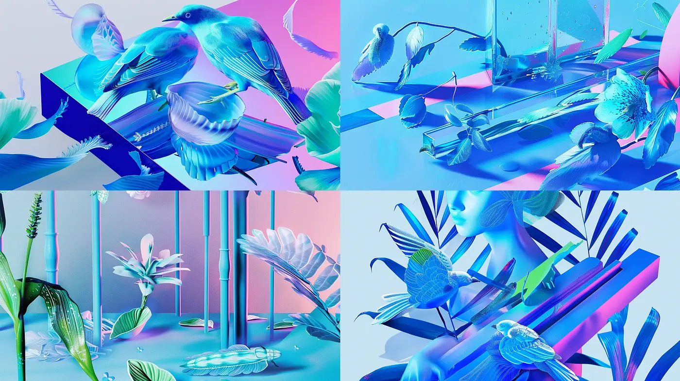 Synthetic Dreamscape: A Digital Surrealist Botanical Aviary - Midjourney sref style