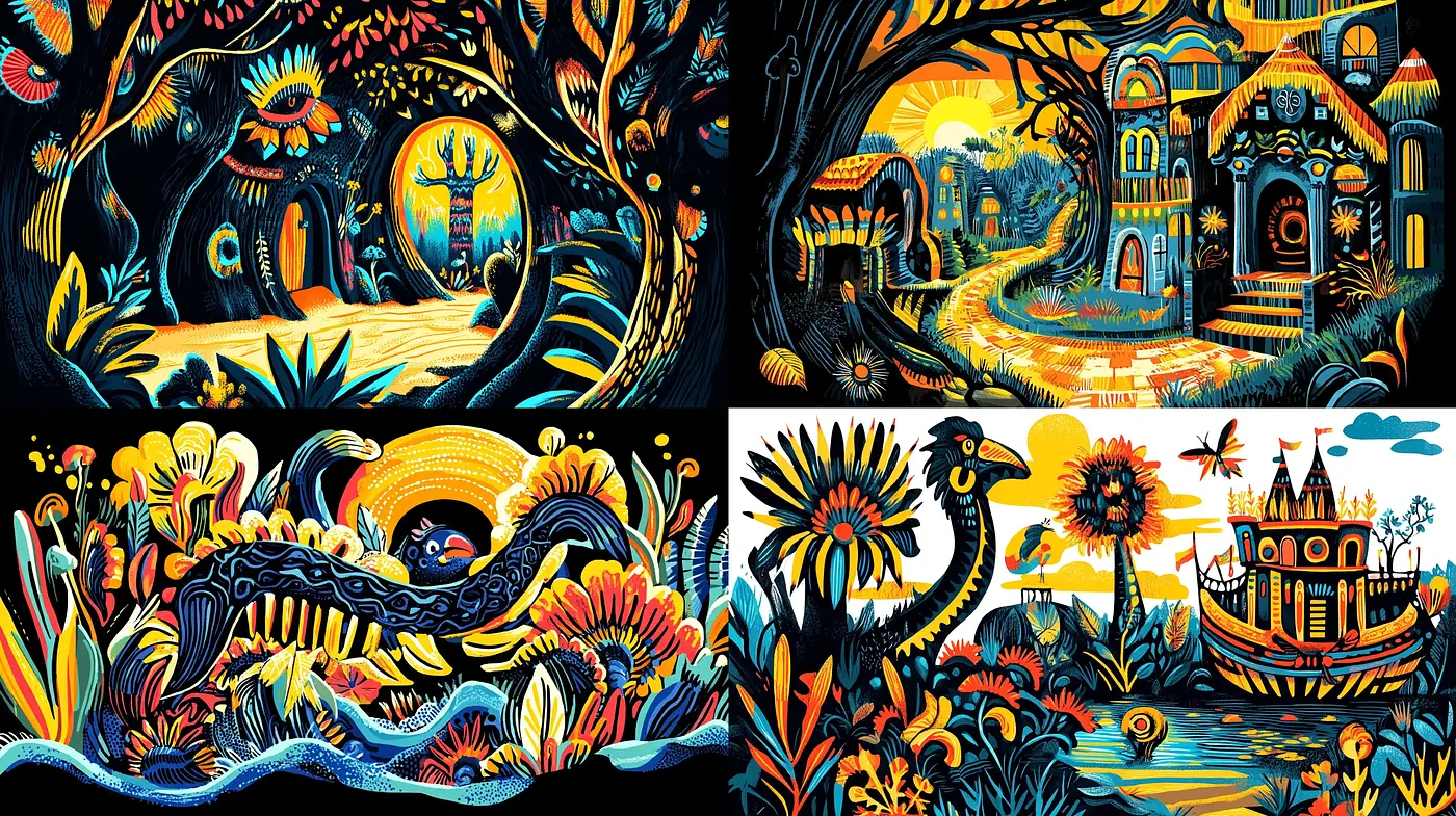 Vibrant Folktale Dreamscapes: A Luminous Interpretation of Mythical Serenity - Midjourney sref style