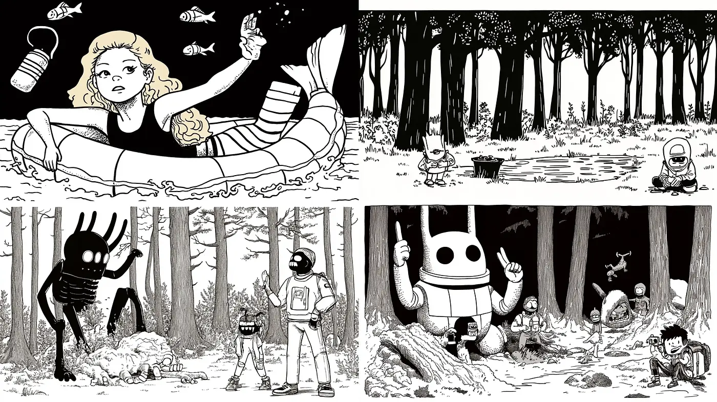 Monochromatic Nostalgia in Whimsical Illustrative Art - Midjourney sref style
