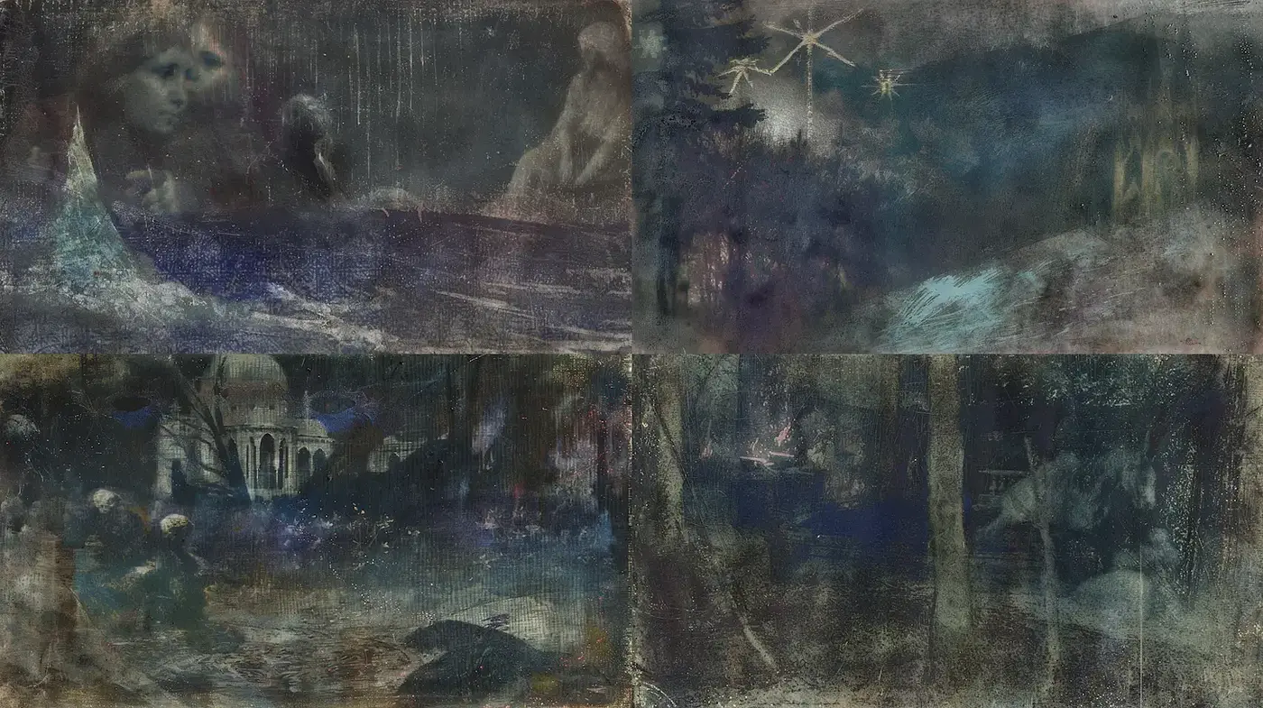 Misty Blue-Green Landscapes with Ethereal Figures - Midjourney sref style