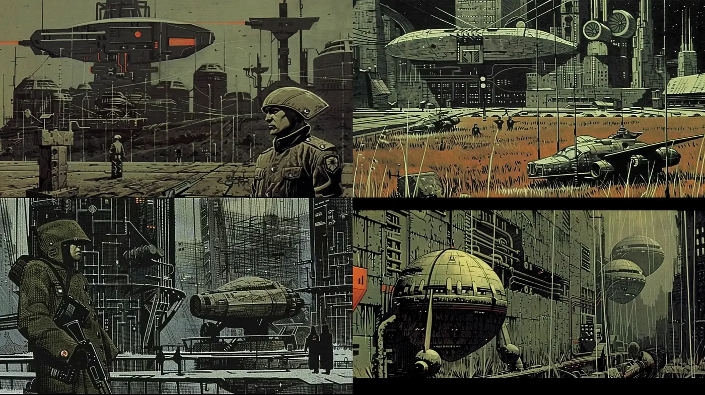 Dystopian Retro-Futuristic Visions in Monochromatic Sepia Tones - Midjourney sref style