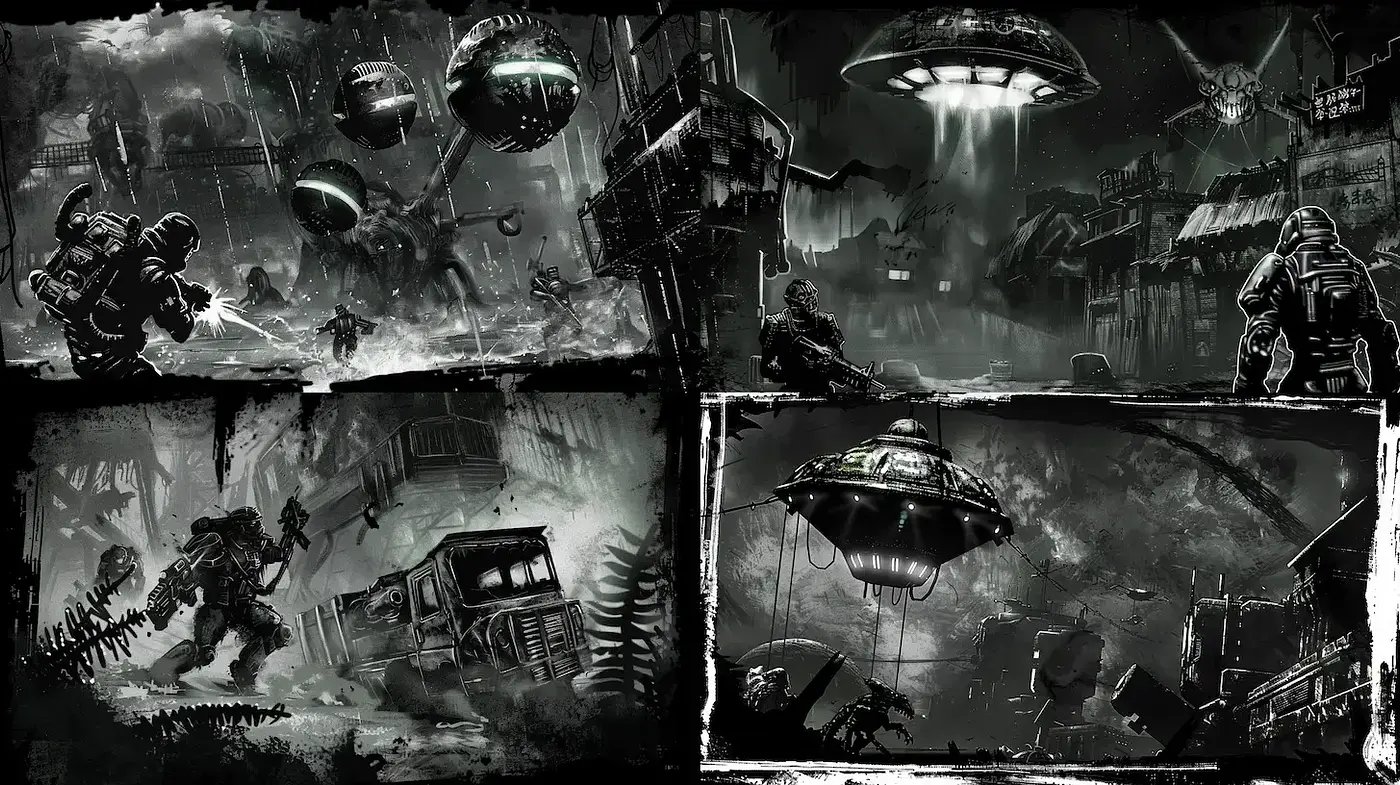Dark and gritty sci-fi with a surreal, comic-inspired aesthetic - Midjourney sref style