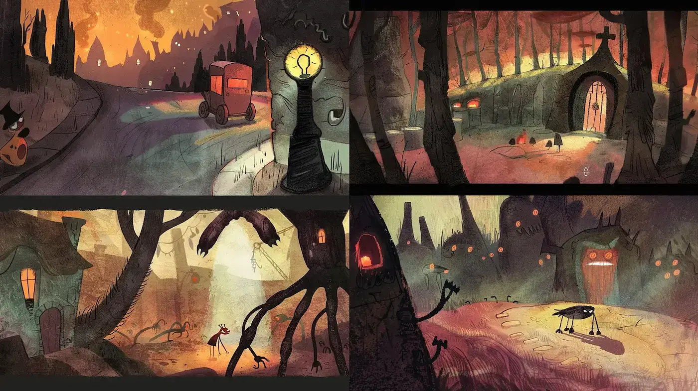 Twilight Enchantment: A Storybook Glimpse into a Whimsical Gothic World - Midjourney sref style
