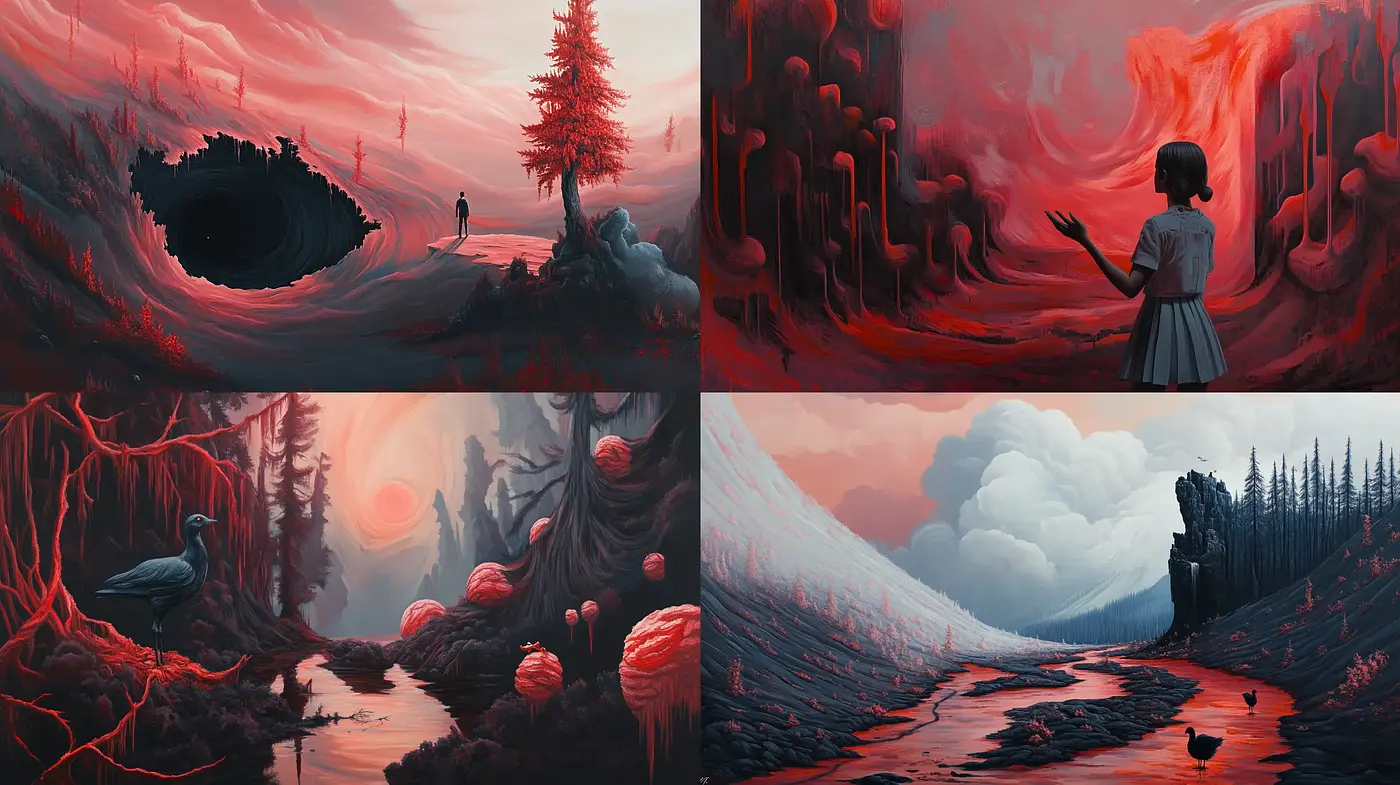 Ethereal Crimson Dreamscapes with Surreal Overtones - Midjourney sref style