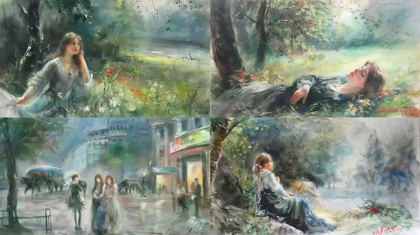 Ephemeral Brushstrokes and Dreamlike Impressions: A Study in Pastoral and Urban Blends - Midjourney sref style