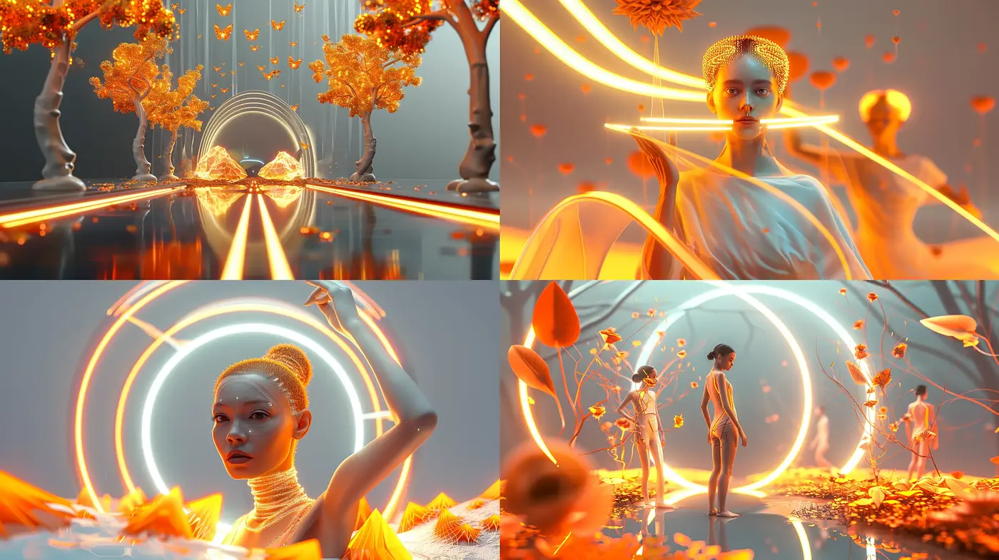 Ethereal Orange Glow: A Harmonious Blend of Surrealism and Futurism - Midjourney sref style