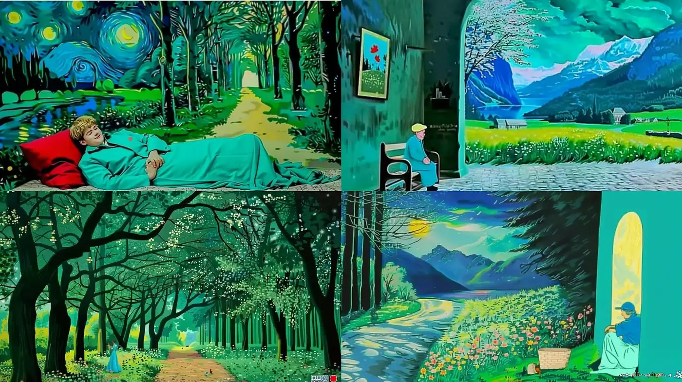 Starry Night Dreamscape Fusion with Lush Vibrancy - Midjourney sref style