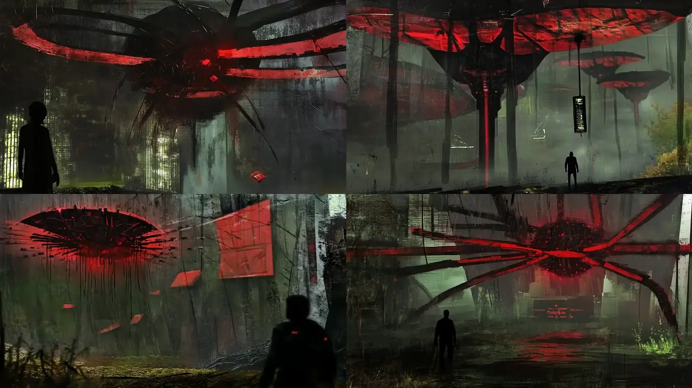 Dystopian Red-Accented Digital Artscapes - Midjourney sref style