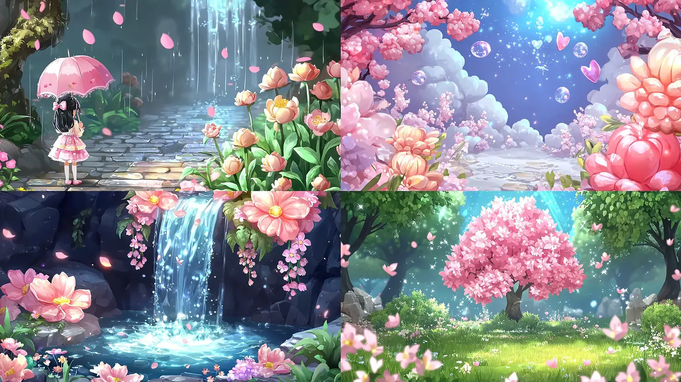 Enchanted Blossom Dreamscape: A Harmonious Fusion of Anime-Inspired Euphoria - Midjourney sref style