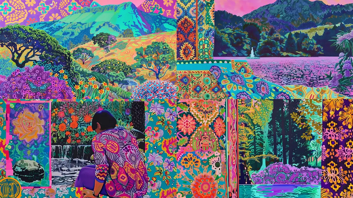 Psychedelic Nature Tapestry and Pattern Fusion - Midjourney sref style