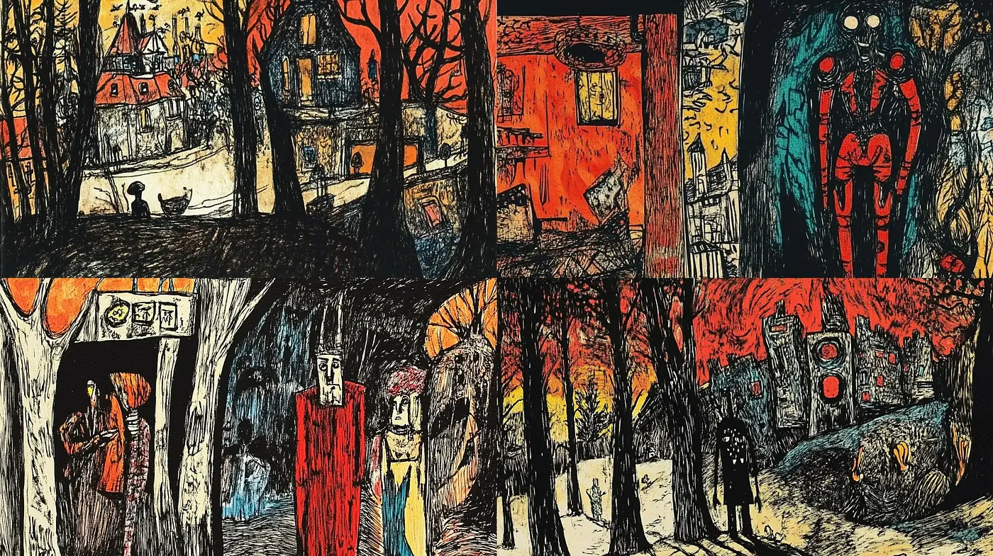 Expressionist Ambiguity with Bold Textures and Vivid Contrast - Midjourney sref style