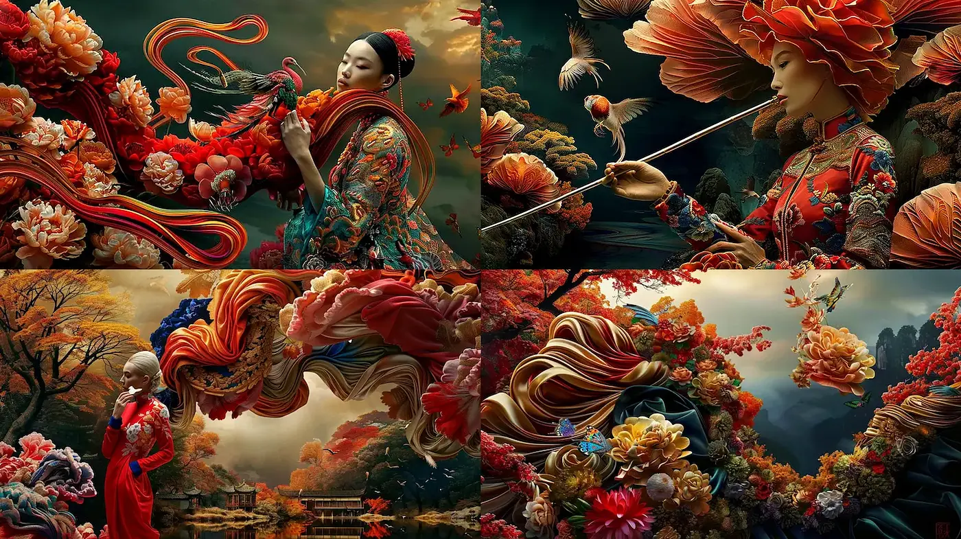 Intricate Floral-Infused Fantasy with a Rich Cultural Aesthetic - Midjourney sref style