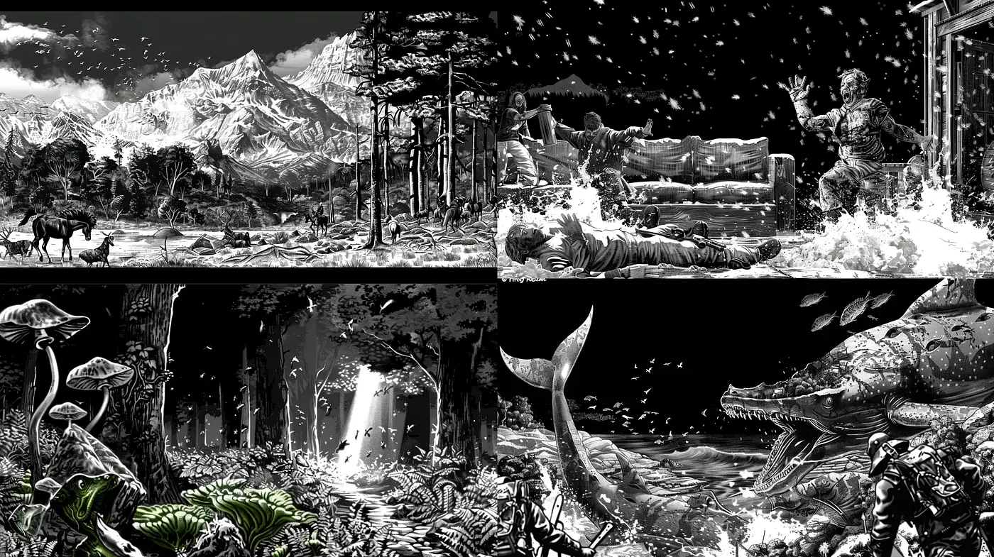Monochromatic Wilderness: A Synthesis of Dramatic Contrasts and Nature's Majesty - Midjourney sref style
