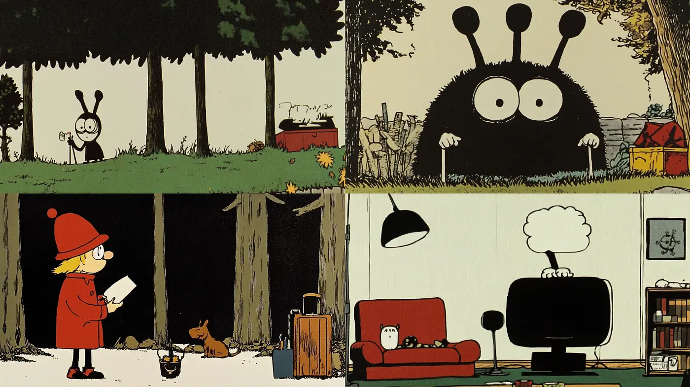 Whimsical Graphic Novel Artistry with a Monochromatic Twist - Midjourney sref style