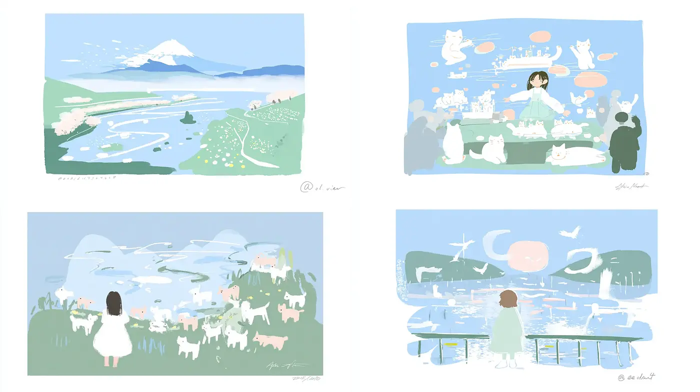 Whimsical and serene landscape illustrations with lighthearted elements - Midjourney sref style