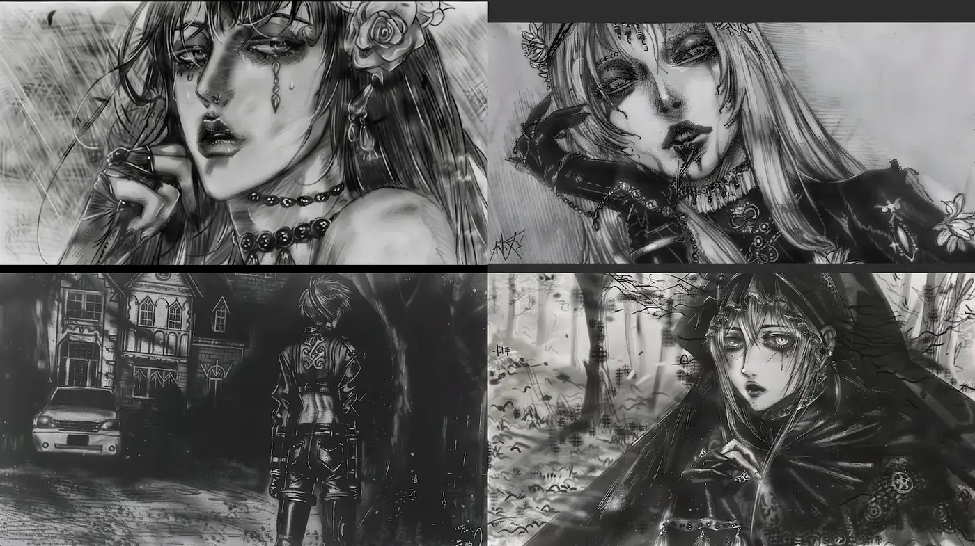 Dark, intricately detailed gothic illustration style with an otherworldly vibe - Midjourney sref style