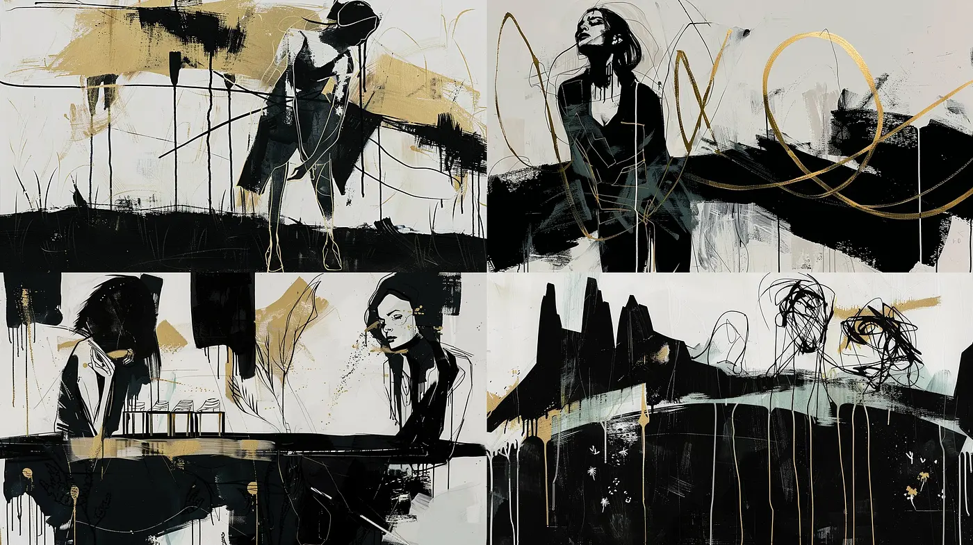 Abstract Elegance in Monochrome and Gold: An Exploration of Modern Textural Symphony - Midjourney sref style