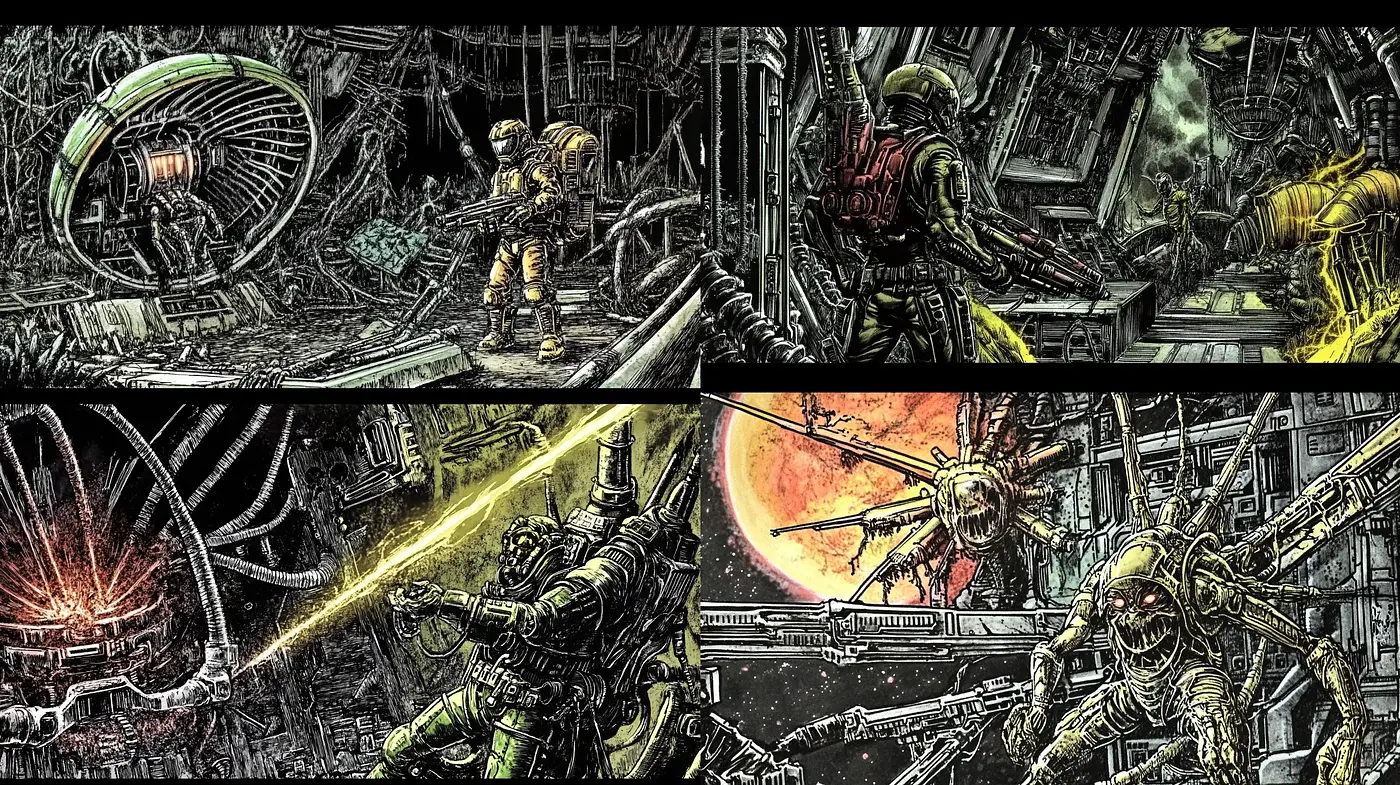 Gritty Sci-Fi Cyberpunk Panorama with Neon Highlights - Midjourney sref style