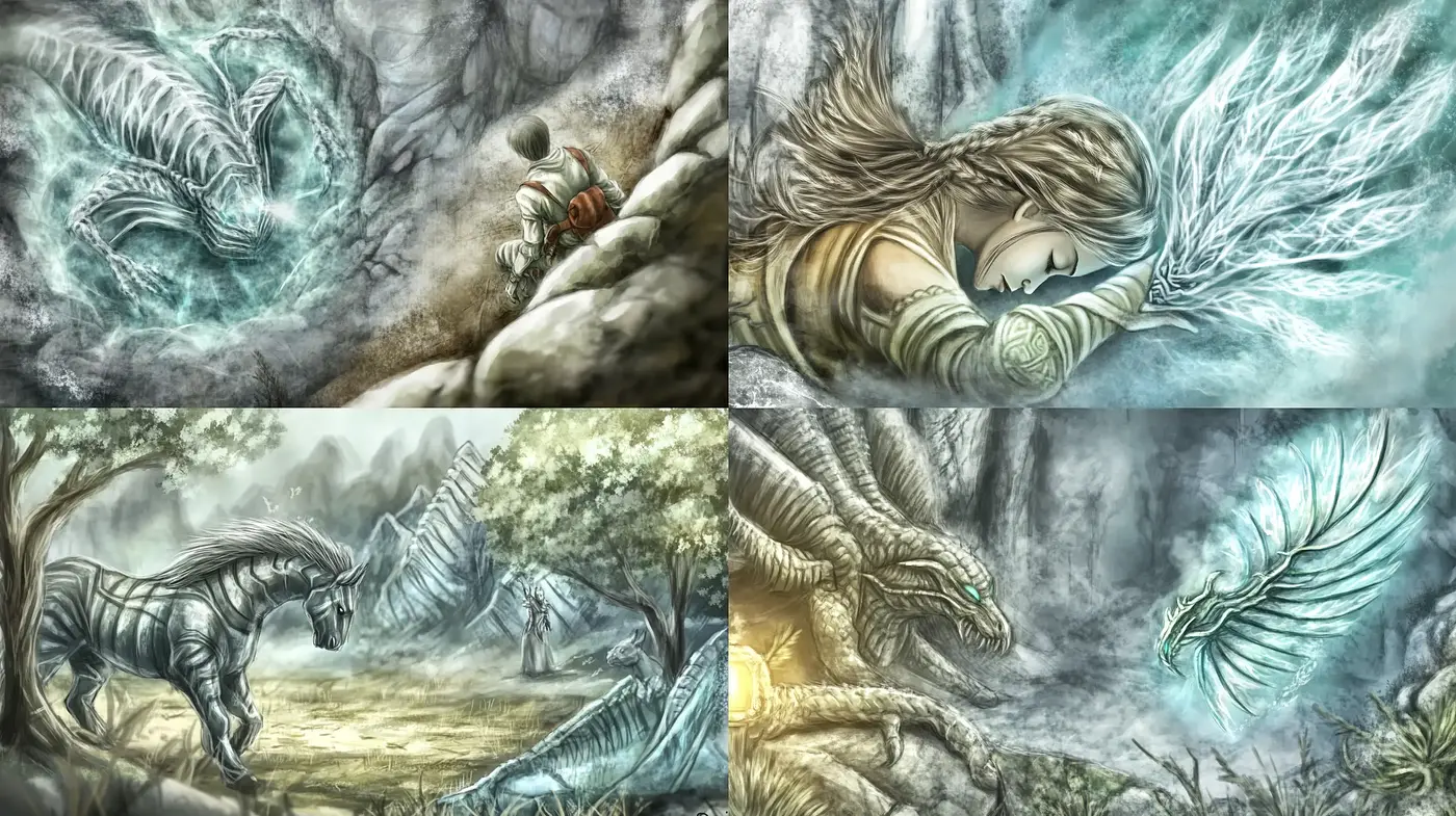 Enchanted Brushwork: A Journey Through Mythical Realms in Sepia and Sage - Midjourney sref style