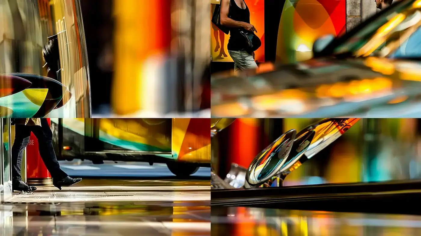 Dynamic interplay of light and color in urban settings - Midjourney sref style