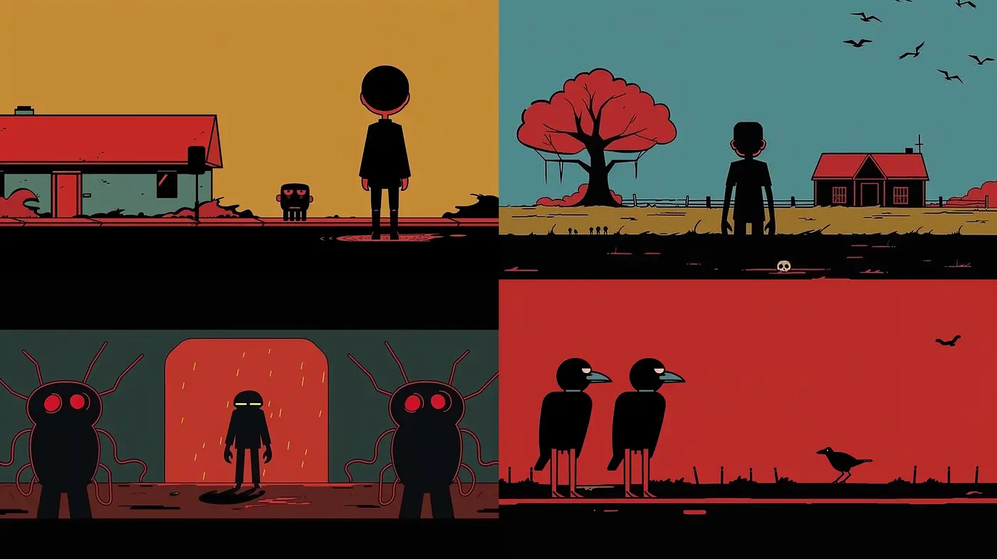 Silhouetted Figures against Stylized Nature: A Study in Contrasting Colors and Bold Outlines - Midjourney sref style