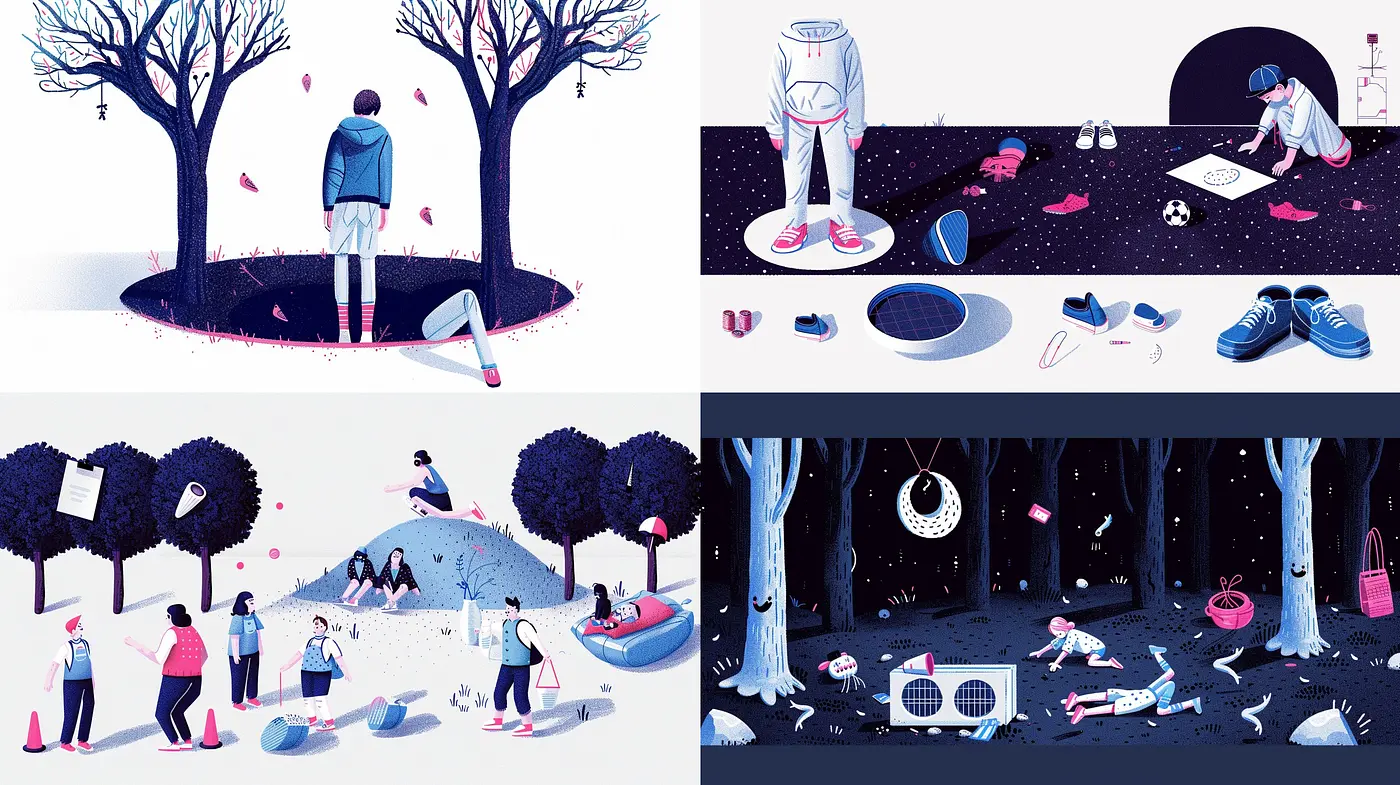 Surreal Twilight Hues: A Synthesis of Serenity and Whimsy in Stylized Illustrations - Midjourney sref style