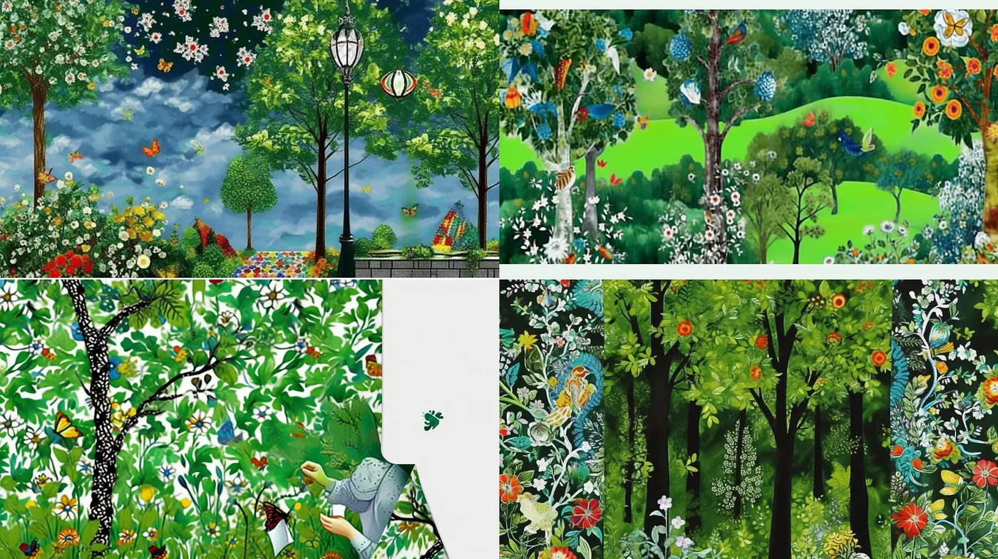 Enchanting Arboreal Dreamscape: A Fusion of Vivid Hues and Storybook Whimsy - Midjourney sref style