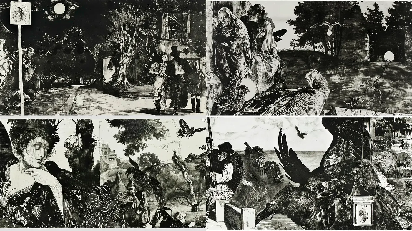 Enigmatic Monochromatic Tapestry of Surreal Narratives - Midjourney sref style