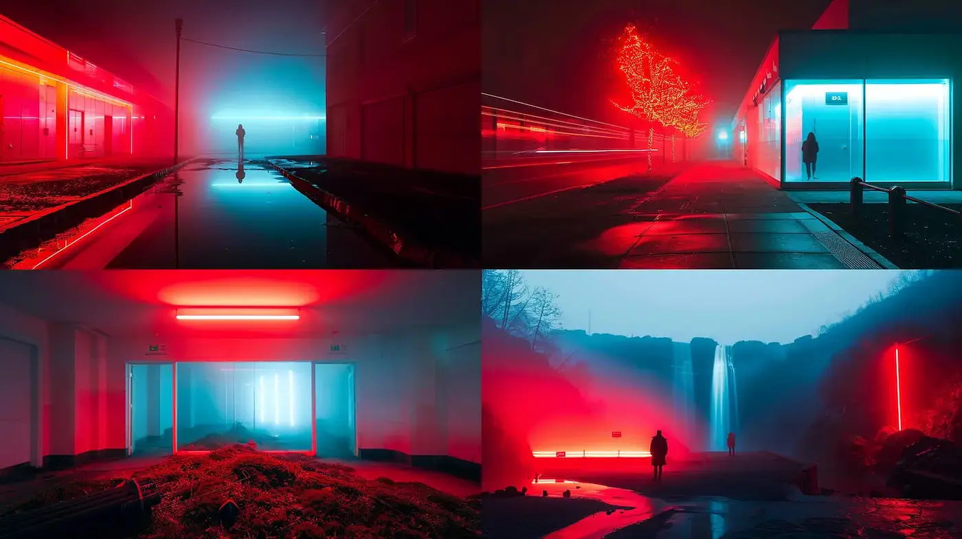 Mysterious Urban Nightscapes with Neon Accents and Fog - Midjourney sref style