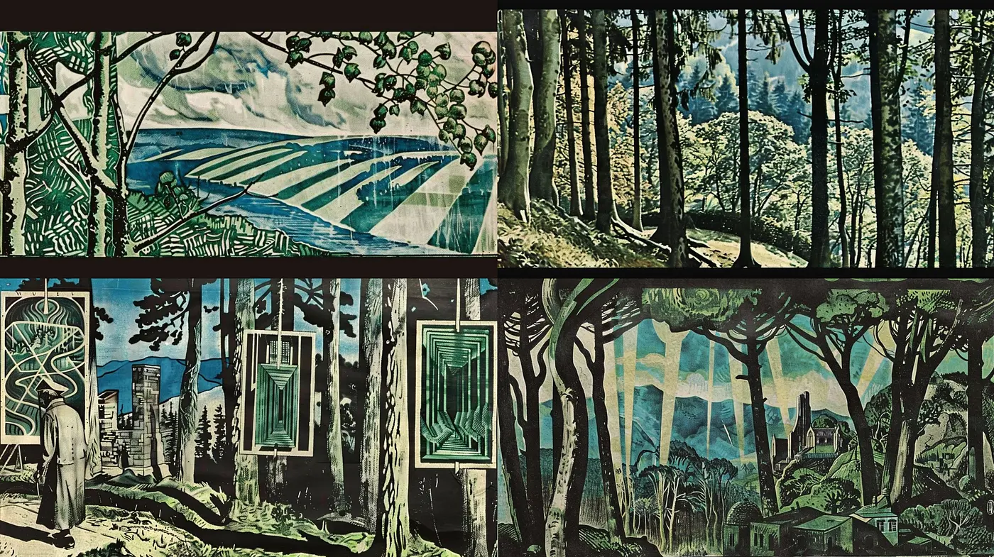 Enigmatic Landscape Fusion with Nostalgic Overtones and Pronounced Textures - Midjourney sref style