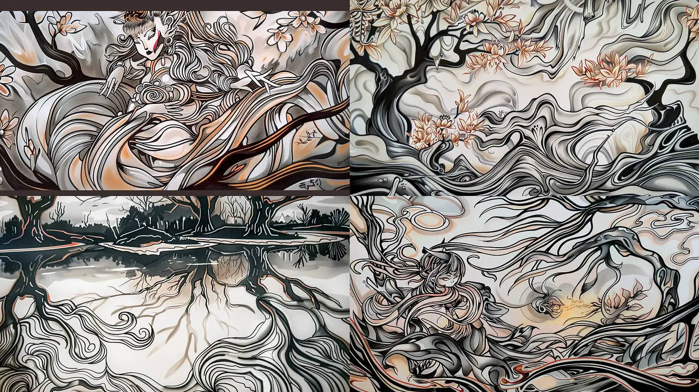 Ethereal Swirls and Blossoms: An Artistic Fusion of Art Nouveau and Japanese Woodblock Prints - Midjourney sref style