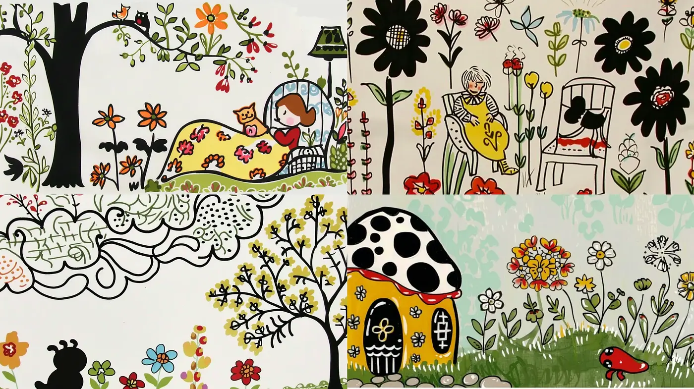 Whimsical Garden Illustrations with a Folk Art Aesthetic - Midjourney sref style