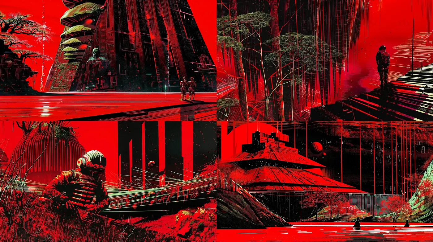 Crimson Dystopian Echoes: A Homage to Futuristic Desolation - Midjourney sref style
