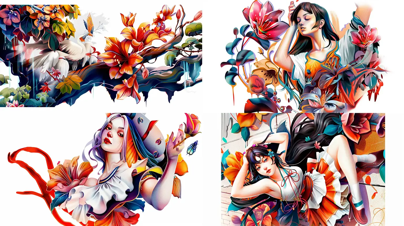 Floral Fantasy: A Fusion of Vibrant Florals and Anime Elegance - Midjourney sref style