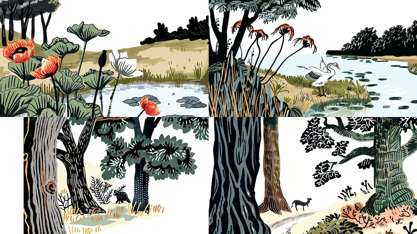 Whimsical and Detailed Illustrations of Nature with Bold Lines and Colors - Midjourney sref style