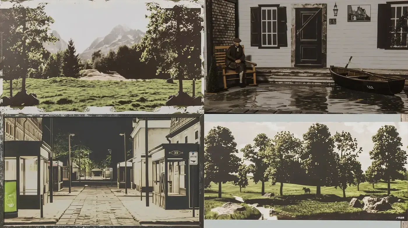 Artistic Harmony of Vintage Landscapes with Nostalgic Amenities - Midjourney sref style