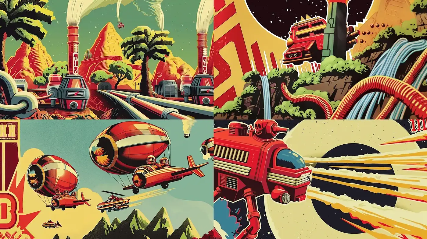 Bold and Retro Futuristic Landscapes with Technological Elements - Midjourney sref style
