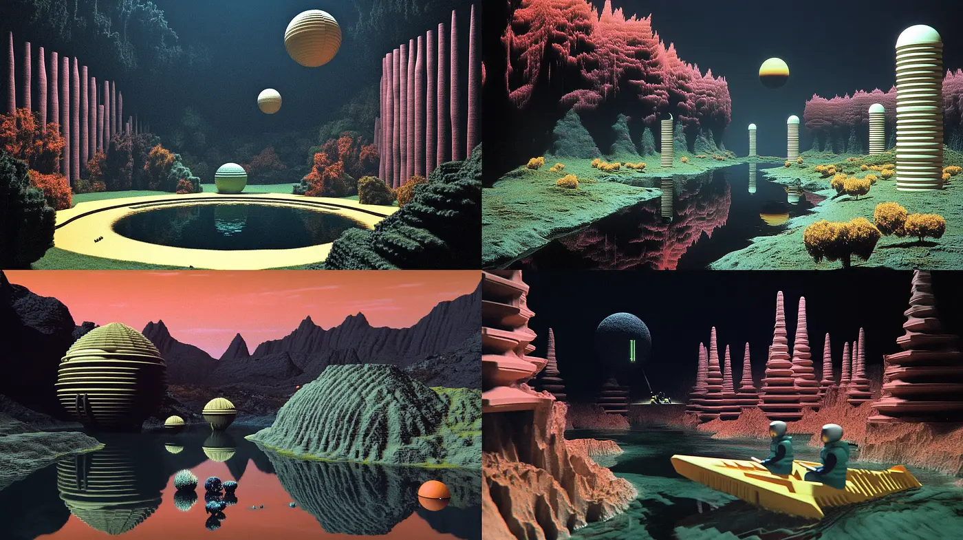 Surreal Dreamscape Exploration: A Synthesis of Retrofuturism and Organic Textures - Midjourney sref style