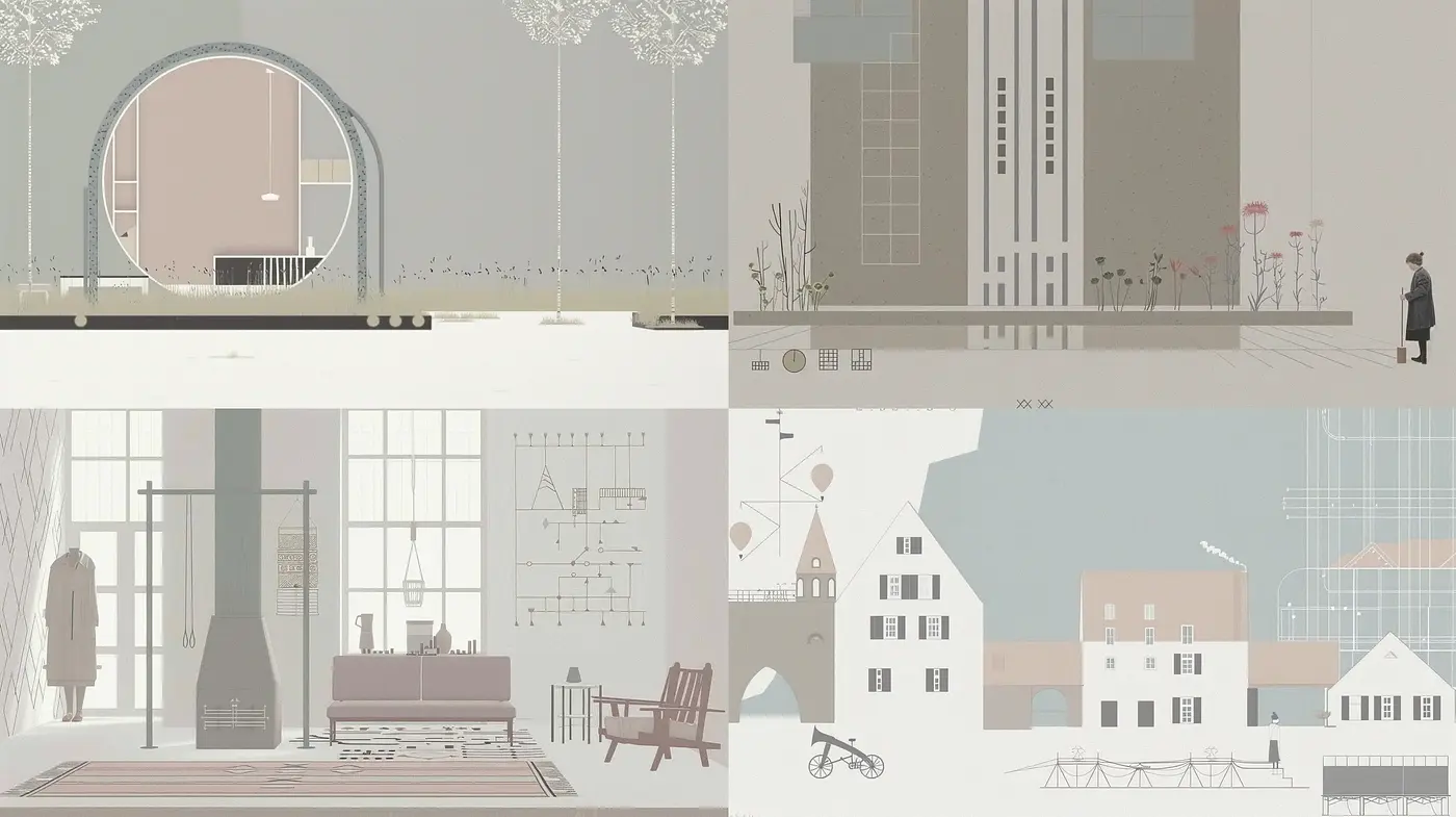 Subdued Elegance in a Uniform Paletted Urban Landscape - Midjourney sref style