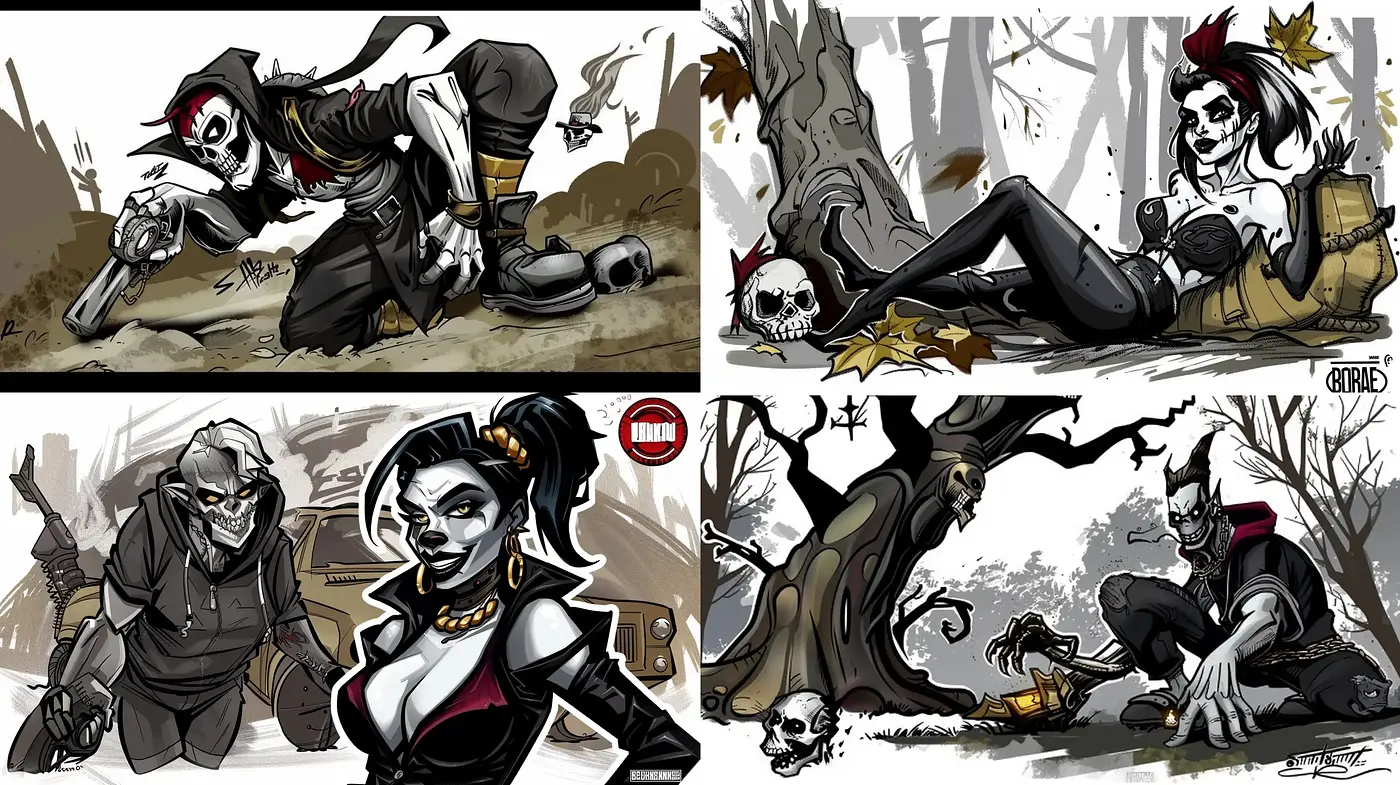 Gothic Inspired Comic-Book Fusion with a Neutral Monochromatic Scheme - Midjourney sref style