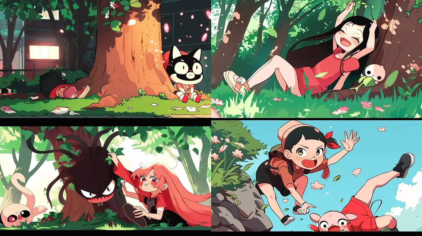 Lively Enchanted Forest Adventure in Vibrant Anime Style - Midjourney sref style